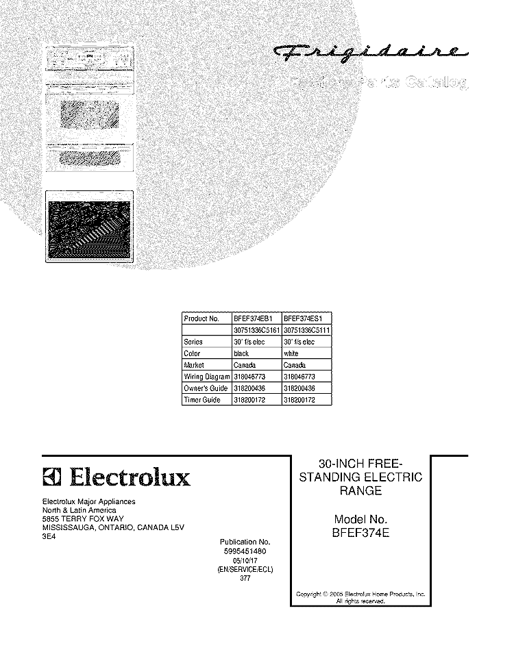 COVER Diagram and Parts List for BFEF374EB1  Frigidaire Range