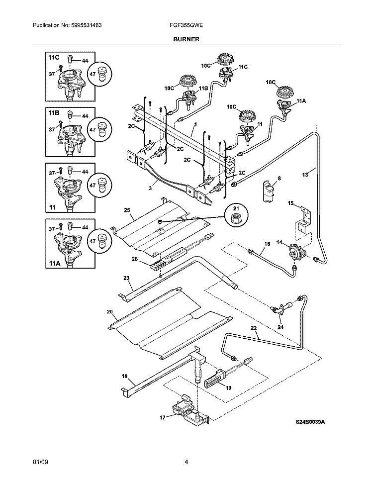 BURNER Diagram and Parts List for FGF355GWE  Frigidaire Range