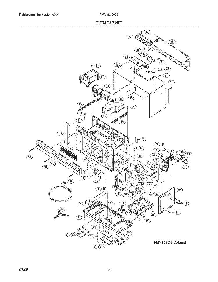 OVEN / CABINET Diagram and Parts List for FMV156DCB  Frigidaire Microwave