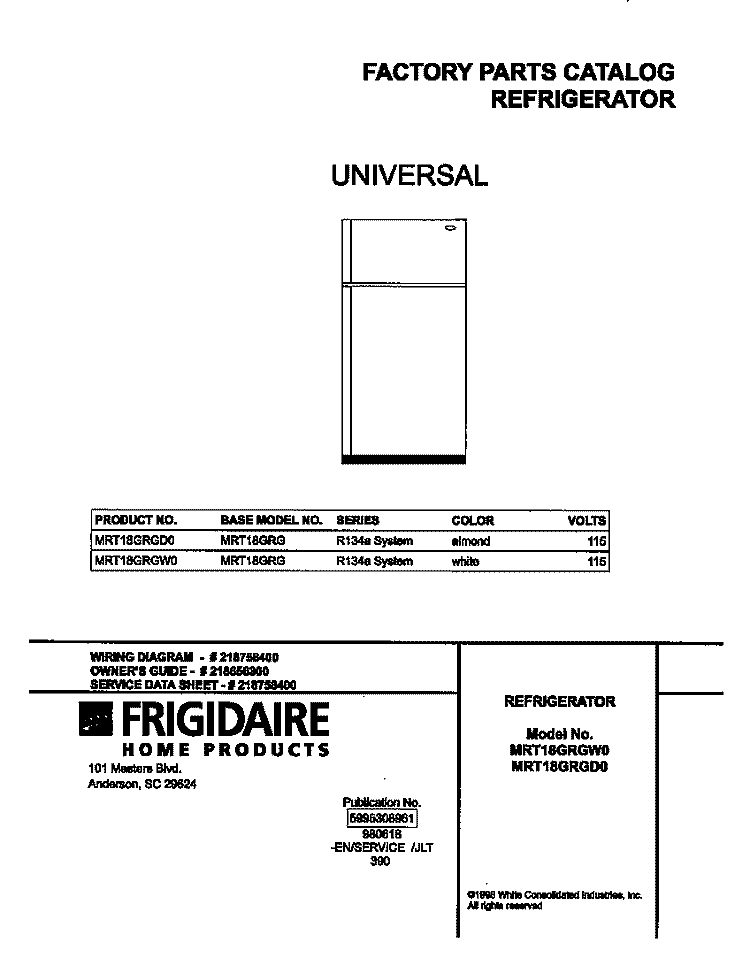 COVER Diagram and Parts List for MRT18GRGW0  Frigidaire Refrigerator