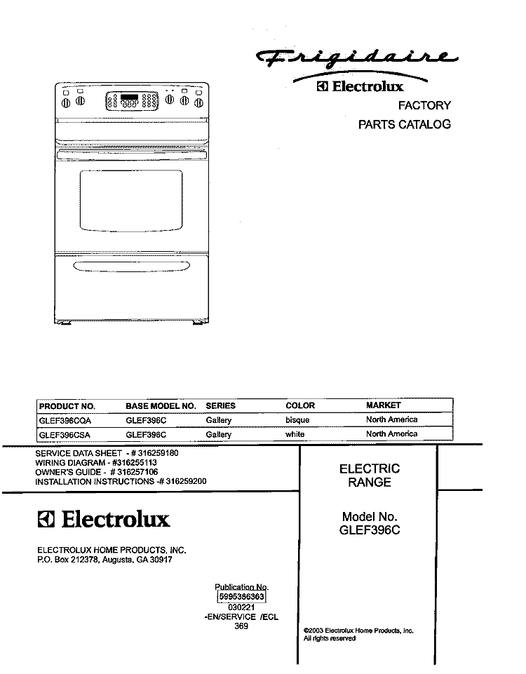 COVER Diagram and Parts List for GLEF396CSA  Frigidaire Range