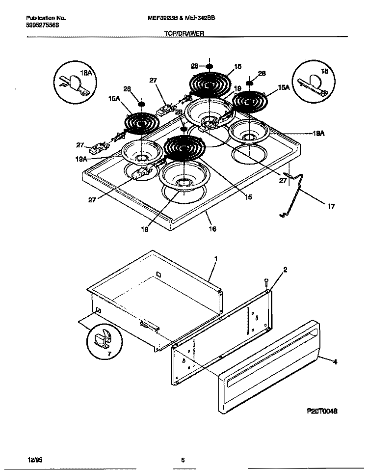 TOP / DRAWER Diagram and Parts List for MEF322BBDE  Frigidaire Range