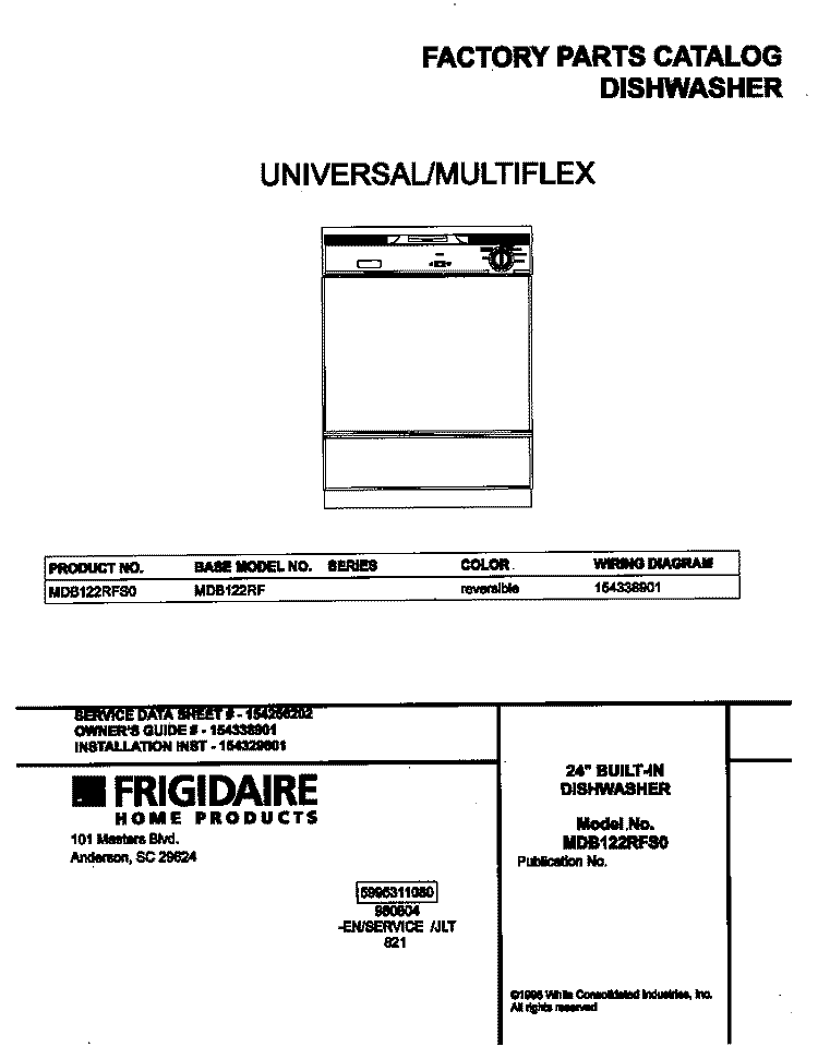 COVER Diagram and Parts List for MDB122RFS0  Frigidaire Dishwasher