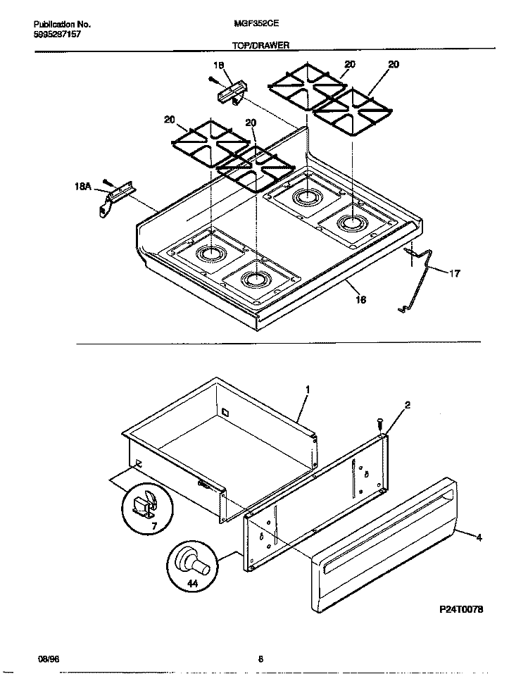 TOP / DRAWER Diagram and Parts List for MGF352CESB  Frigidaire Range