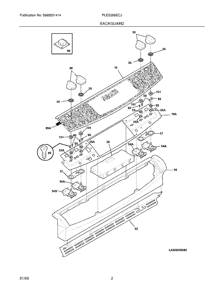 BACKGUARD Diagram and Parts List for PLES389ECJ  Frigidaire Range