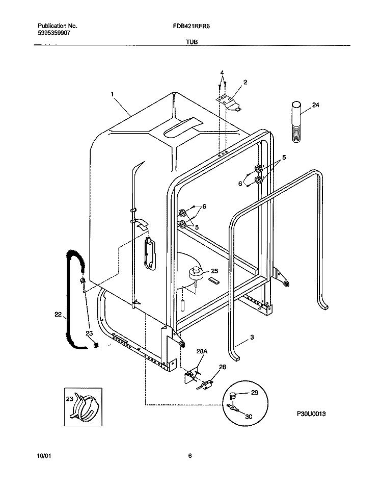 TUB Diagram and Parts List for FDB421RFR6  Frigidaire Dishwasher