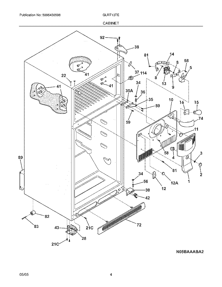 CABINET Diagram and Parts List for GLRT13TEK1  Frigidaire Refrigerator