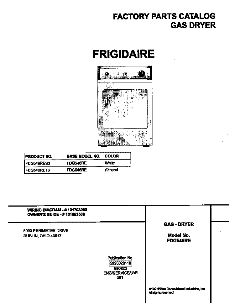 COVER Diagram and Parts List for FDG546RET3  Frigidaire Dryer