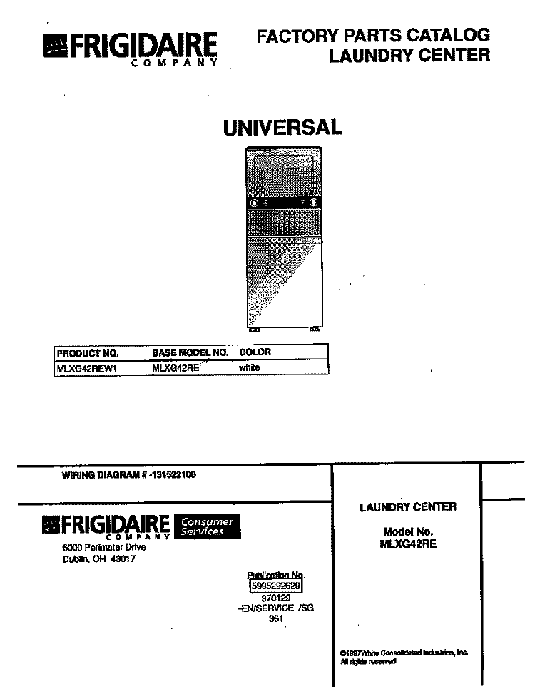 COVER Diagram and Parts List for MLXG42REW1  Frigidaire Washer Dryer Combo