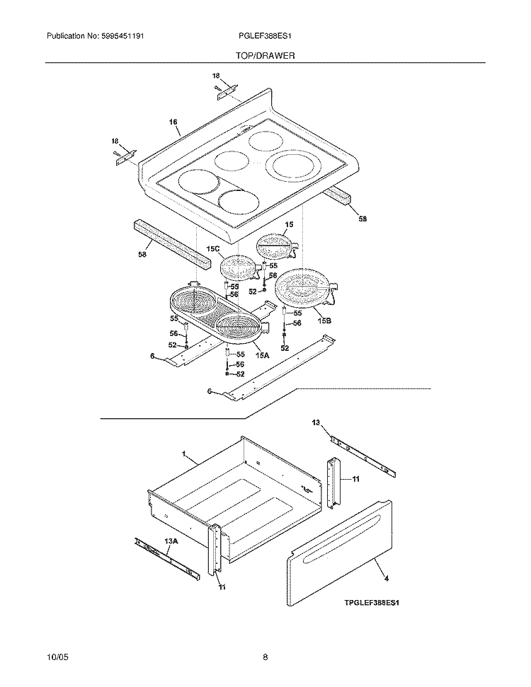 TOP / DRAWER Diagram and Parts List for PGLEF388ES1  Frigidaire Range