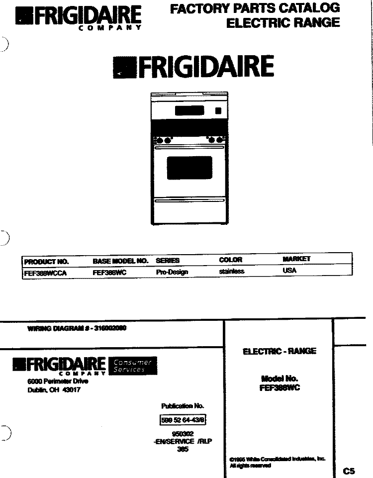 COVER Diagram and Parts List for FEF388WCCA  Frigidaire Range