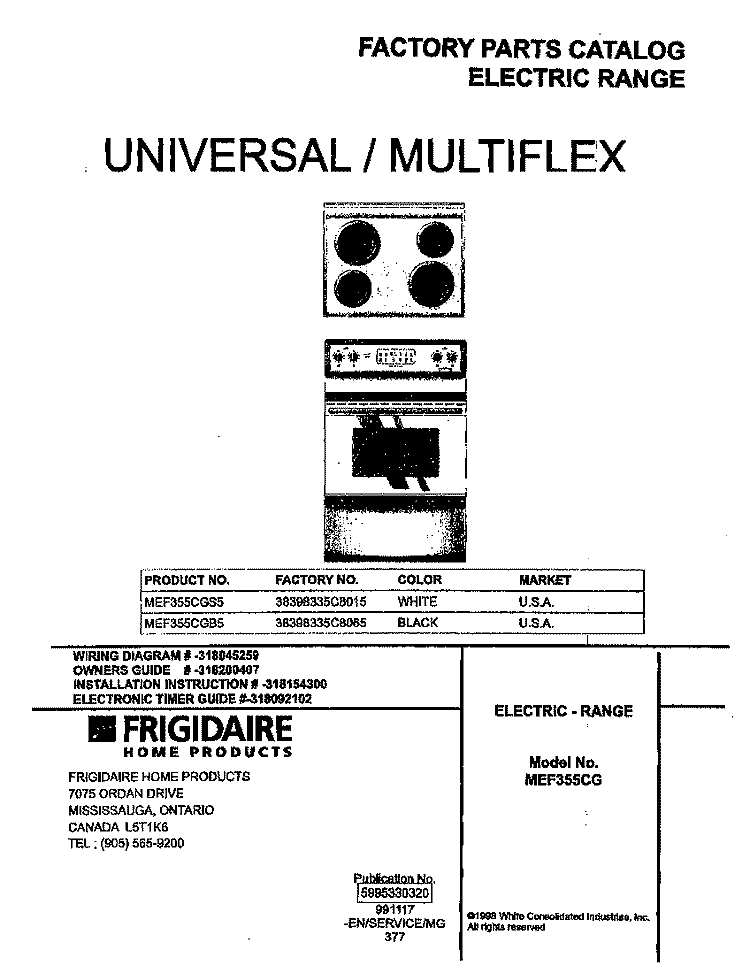 COVER Diagram and Parts List for MEF355CGB5  Frigidaire Range