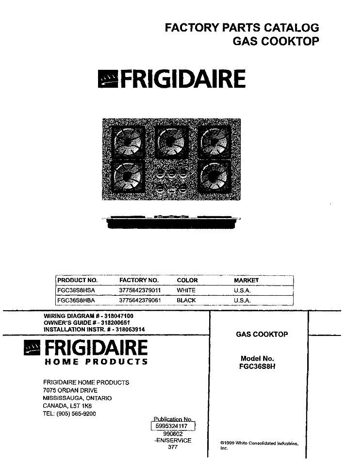 COVER Diagram and Parts List for FGC36S8HBA  Frigidaire Cooktop
