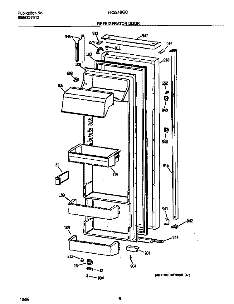 REFR DOOR Diagram and Parts List for FRS24BGGW2  Frigidaire Refrigerator