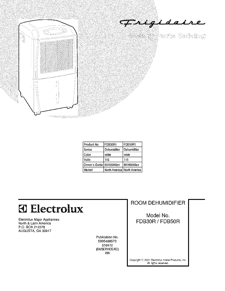 COVER Diagram and Parts List for FDB50R1  Frigidaire Dehumidifier