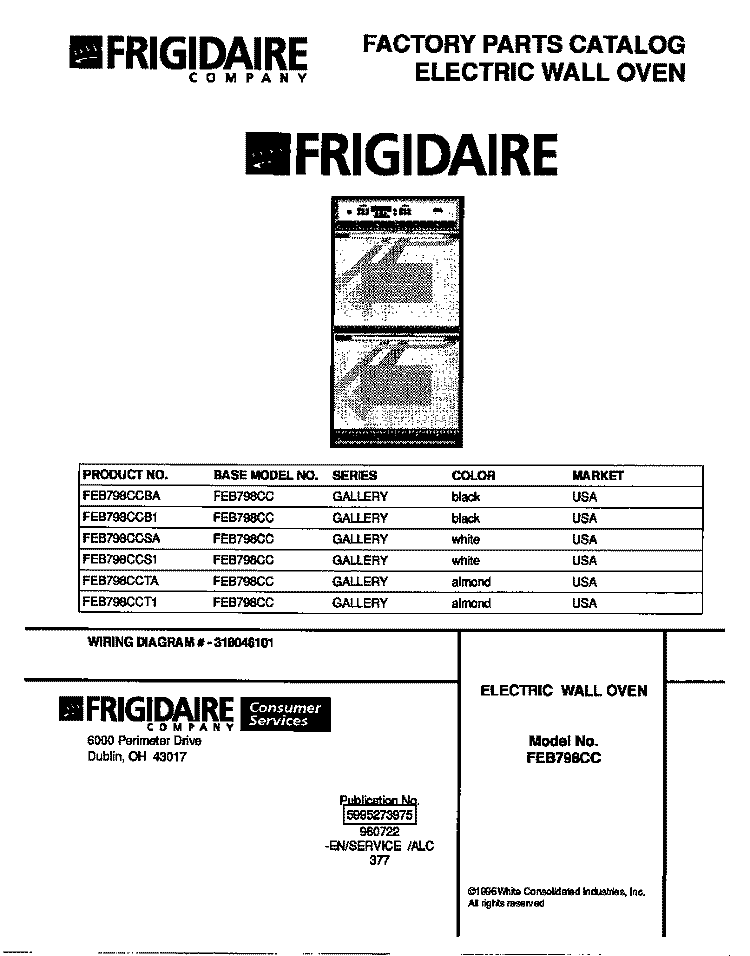 COVER Diagram and Parts List for FEB798CCSA  Frigidaire Wall Oven