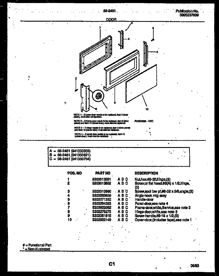 DOOR PARTS Diagram and Parts List for 56-2461-10-03  Tappan Microwave
