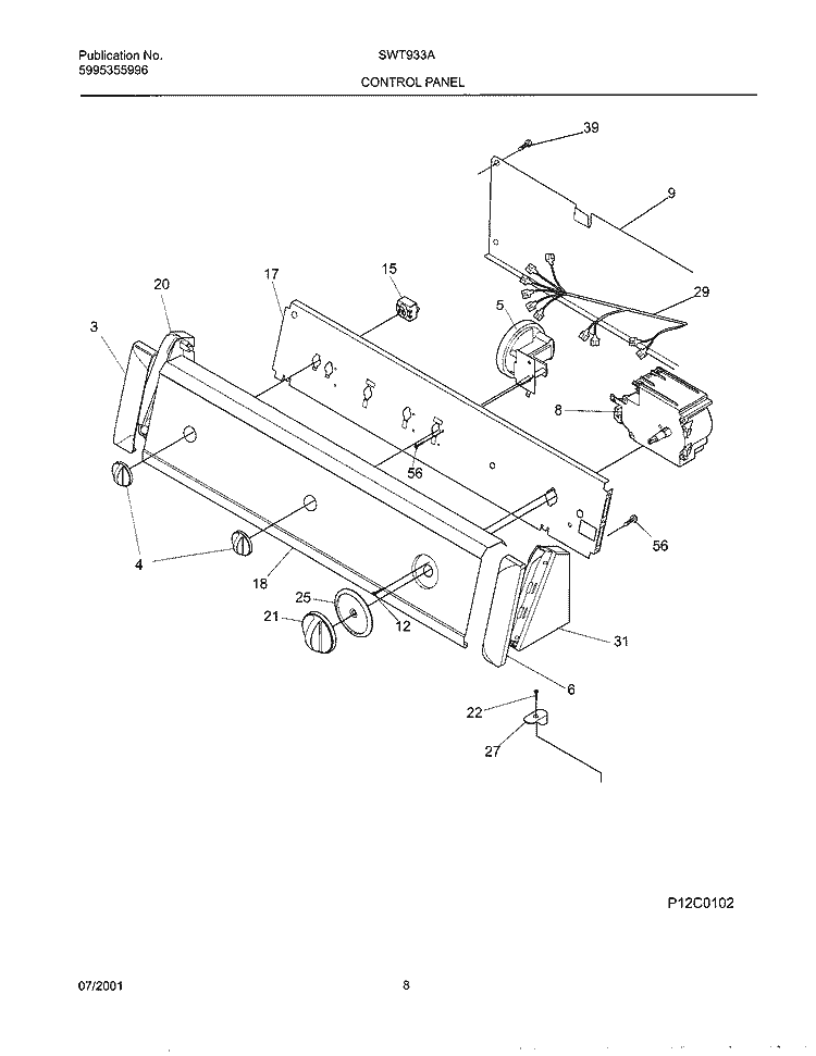 CONTROL PANEL Diagram and Parts List for SWT933AS0  Westinghouse Washer