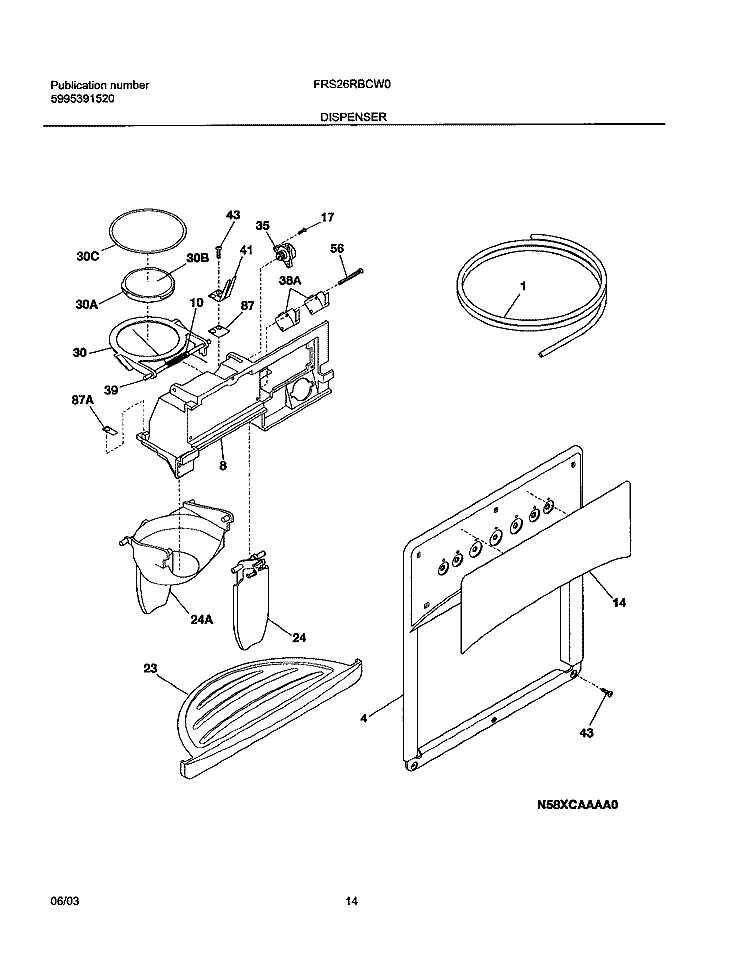 DISPENSER Diagram and Parts List for FRS26RBCW0  Frigidaire Refrigerator