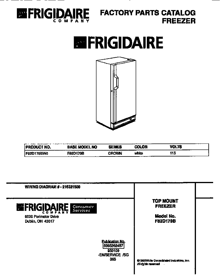 COVER Diagram and Parts List for F82D179BW0  Frigidaire Freezer