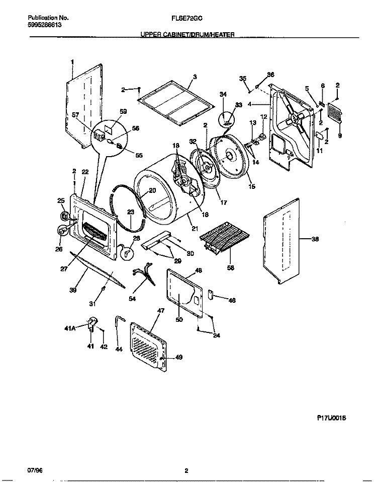 UPPER CABINET / DRUM / HEATER Diagram and Parts List for FLSE72GCS4  Frigidaire Washer Dryer Combo