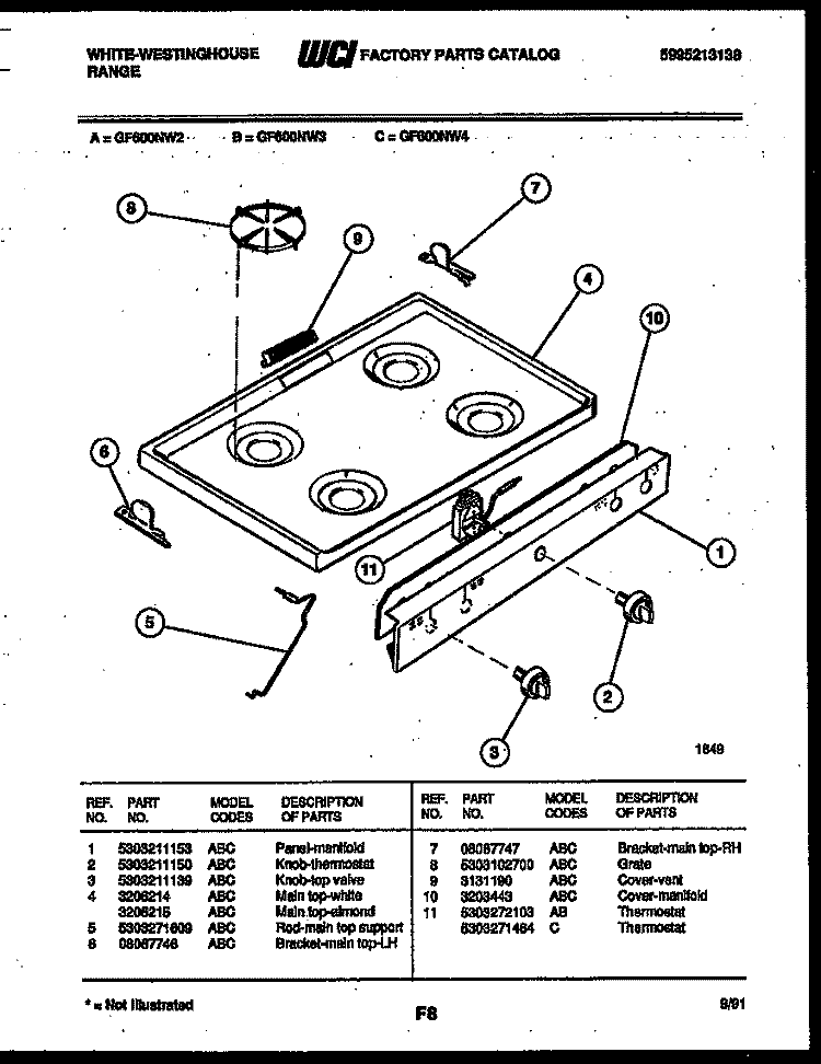 COOKTOP PARTS Diagram and Parts List for GF600ND4  Frigidaire Range