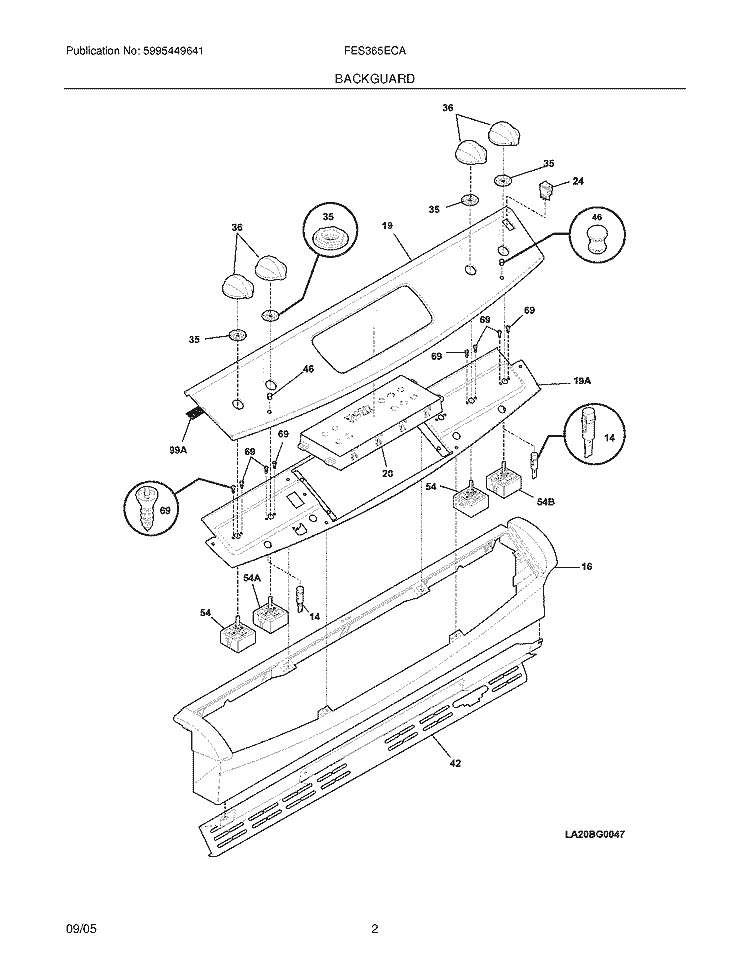 BACKGUARD Diagram and Parts List for FES365ECA  Frigidaire Range