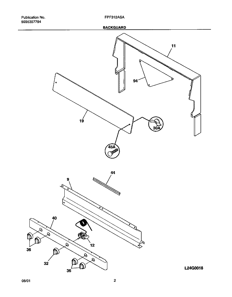 BACKGUARD Diagram and Parts List for FPF312ASA  Frigidaire Range