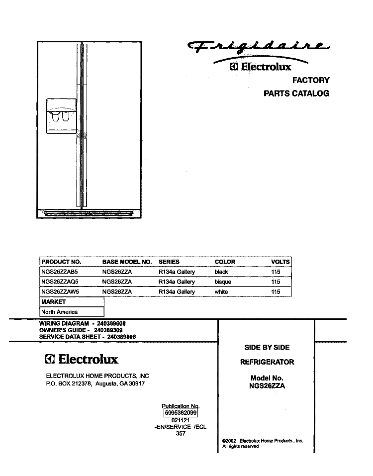 COVER Diagram and Parts List for NGS26ZZAB5  Frigidaire Refrigerator