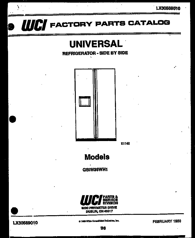 COVER Diagram and Parts List for GSIW36HH1  Uni Refrigerator
