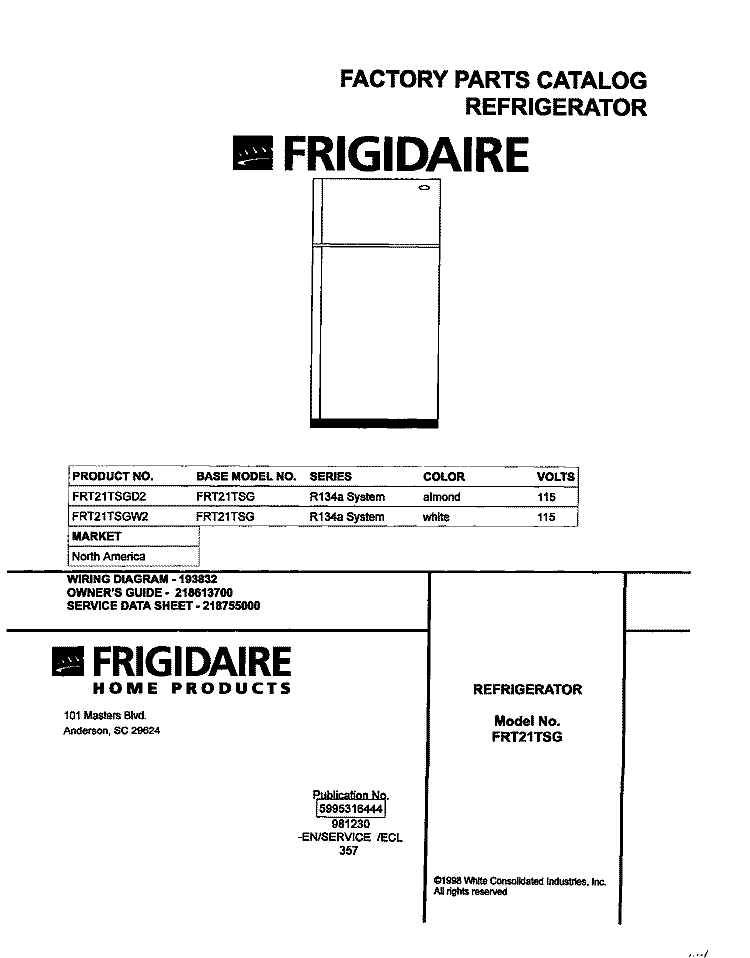 COVER Diagram and Parts List for FRT21TSGD2  Frigidaire Refrigerator