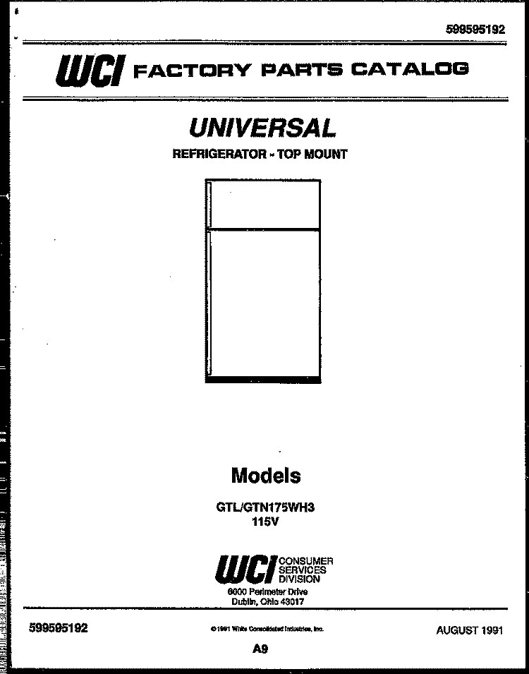 COVER Diagram and Parts List for GTL175BH3  Uni Refrigerator
