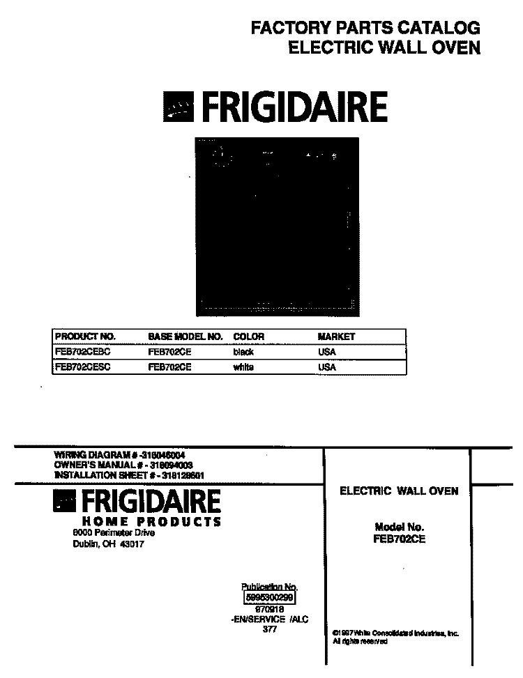 COVER Diagram and Parts List for FEB702CEBC  Frigidaire Wall Oven