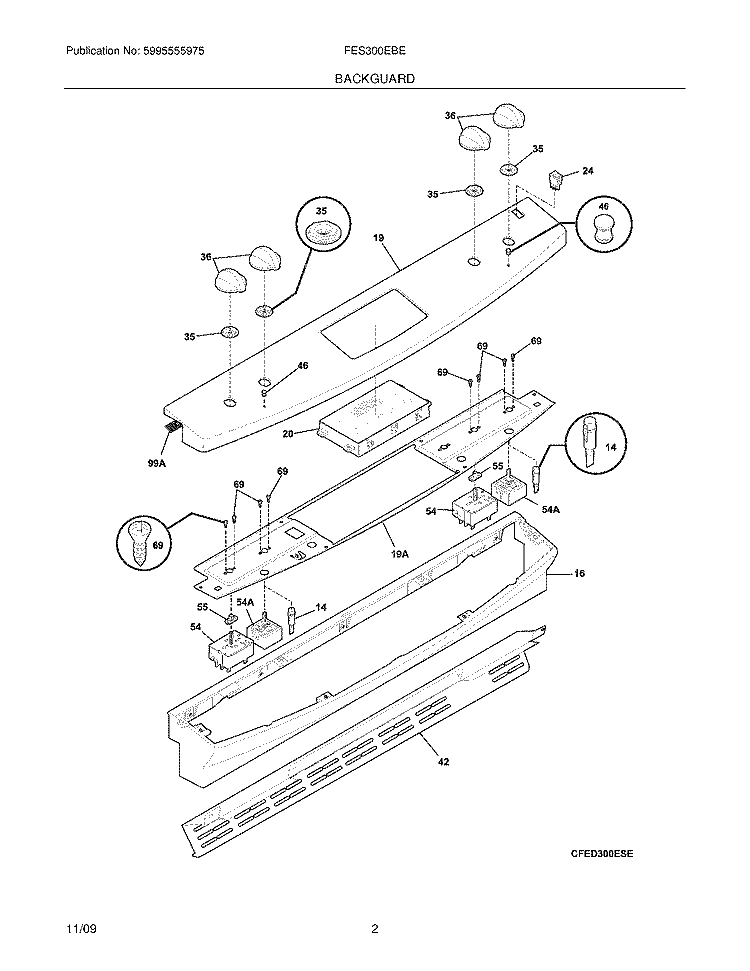 BACKGUARD Diagram and Parts List for FES300EBE  Frigidaire Range
