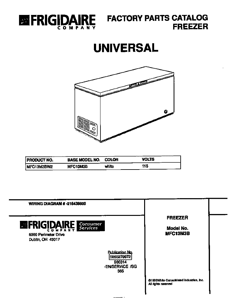 COVER Diagram and Parts List for MFC13M3BW2  Frigidaire Freezer