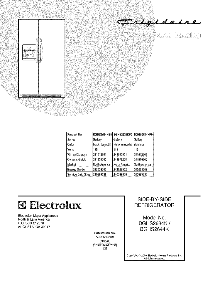 COVER Diagram and Parts List for BGHS2644KF0  Frigidaire Refrigerator