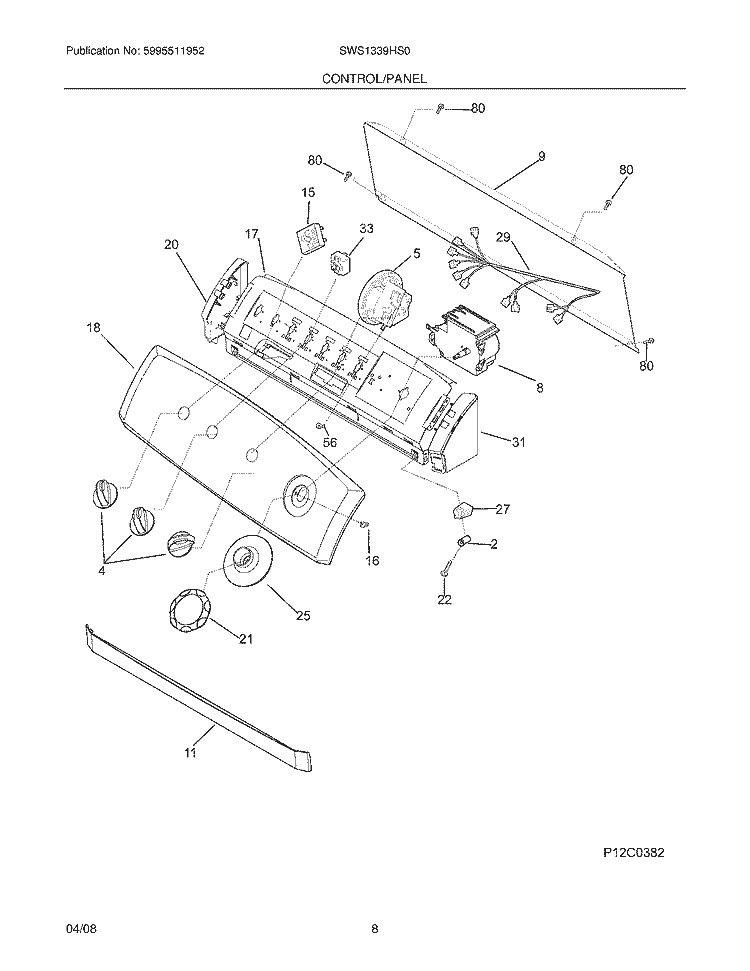 CONTROL / PANEL Diagram and Parts List for SWS1339HS0  Westinghouse Washer