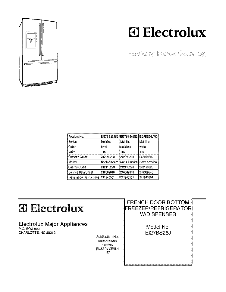 COVER Diagram and Parts List for EI27BS26JB3  Electrolux Refrigerator