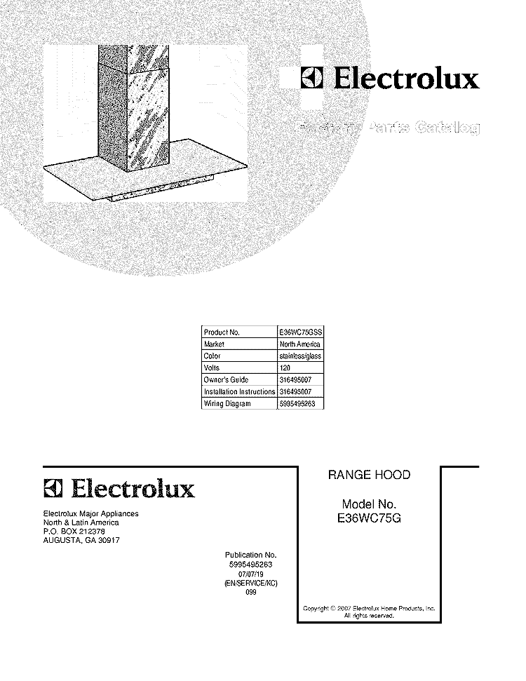 COVER Diagram and Parts List for E36WC75GSS  Electrolux Range Hood