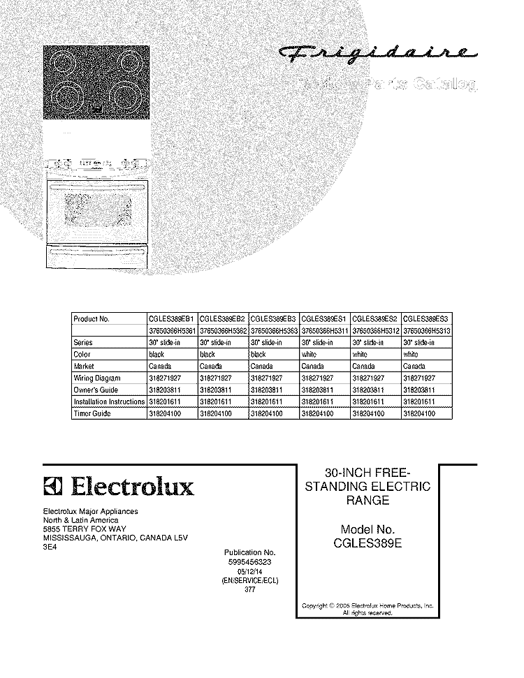 COVER Diagram and Parts List for CGLES389ES2  Frigidaire Range