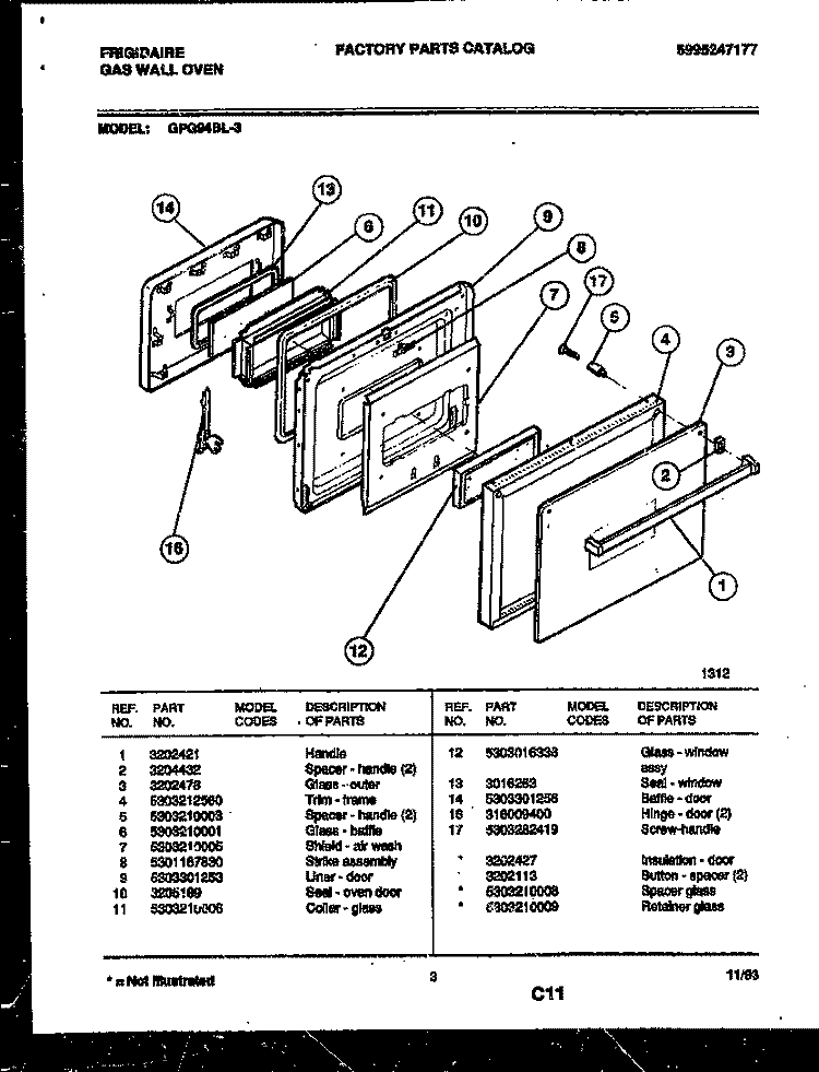 DOOR PARTS Diagram and Parts List for GPG94BL3  Frigidaire Wall Oven