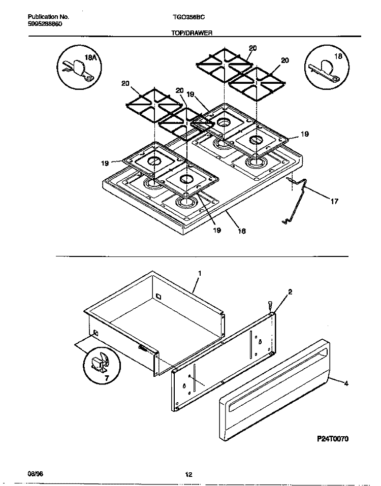 TOP / DRAWER Diagram and Parts List for TGO356BCDC  Tappan Range