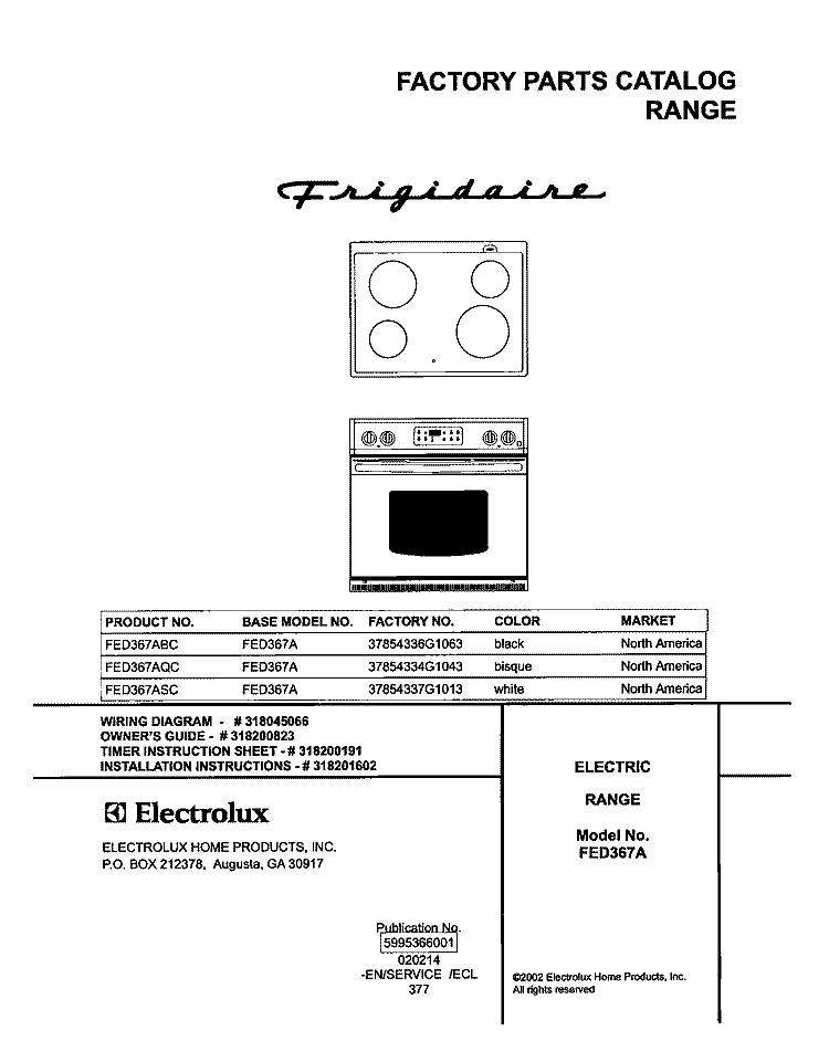 COVER Diagram and Parts List for FED367AQC  Frigidaire Range