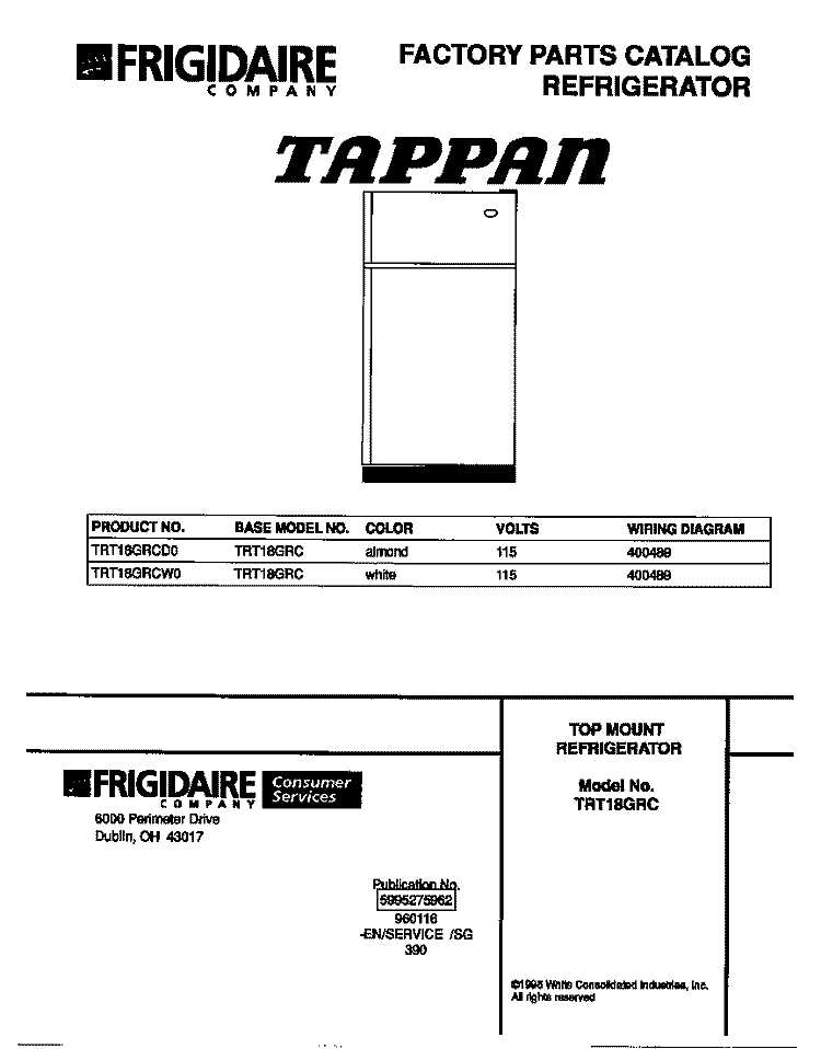 COVER Diagram and Parts List for TRT18GRCW0  Tappan Refrigerator