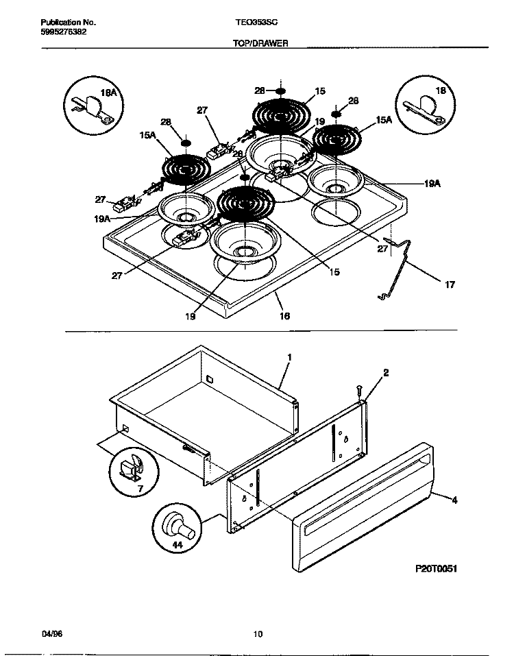 TOP / DRAWER Diagram and Parts List for TEO353SCWA  Tappan Range