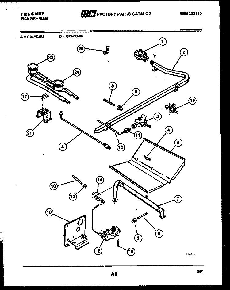 BURNER, MANIFOLD AND GAS CONTROL Diagram and Parts List for G24PCW3  Frigidaire Range