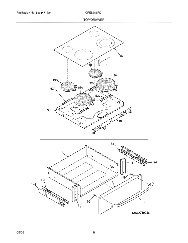 TOP / DRAWER Diagram and Parts List for CFES366FC1  Frigidaire Range