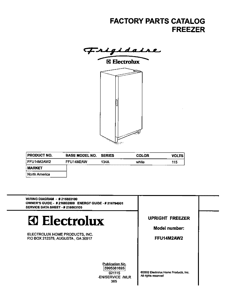 COVER Diagram and Parts List for FFU14M2AW2  Frigidaire Freezer