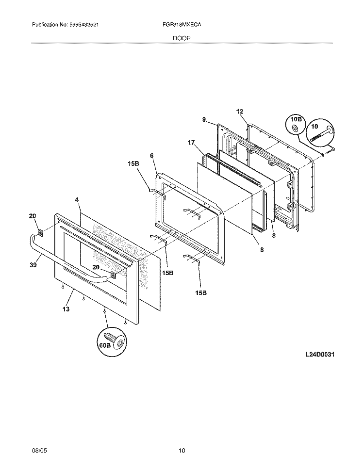 DOOR Diagram and Parts List for FGF318MXECA  Frigidaire Range