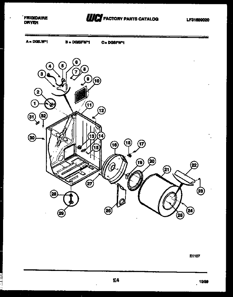 CABINET AND COMPONENT PARTS Diagram and Parts List for DGILW1  Frigidaire Dryer